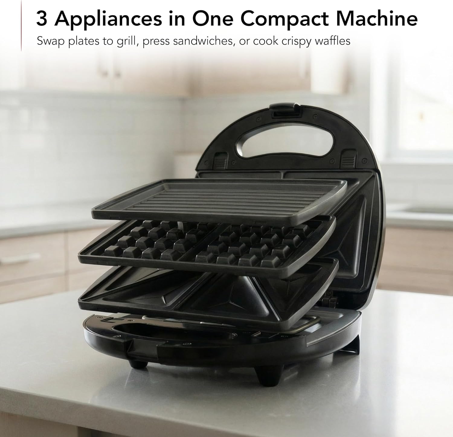 3 in 1 Electric Sandwich Maker, Press Grill and Waffle Iron Set with Removable Non-Stick Plates