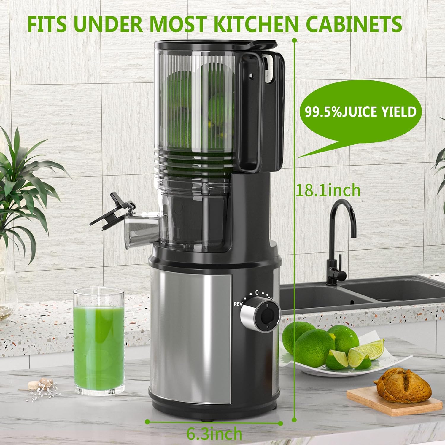 Cold Press Juicer – 6.5" Extra Large Feed Chute Fit Hands-Free Electric Masticating Juicer Machine